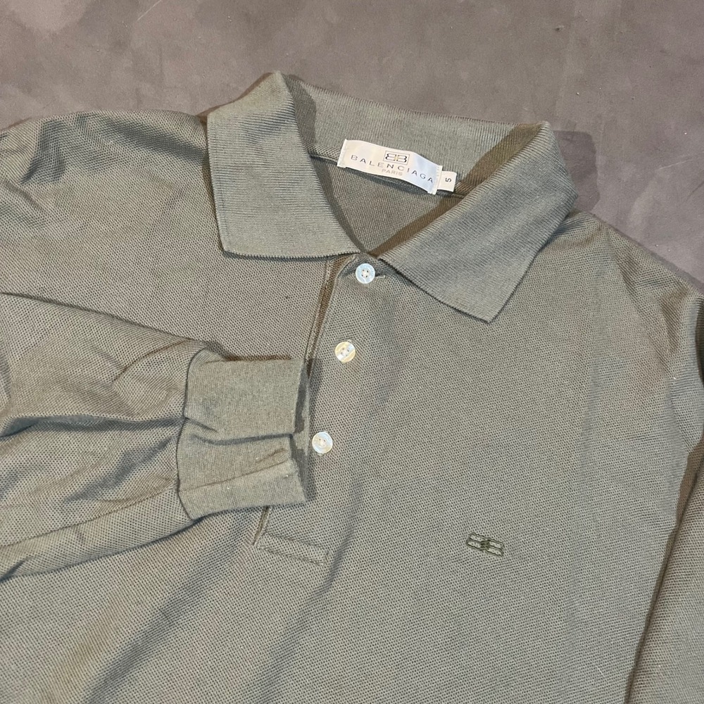 Vintage Balenciaga Paris Mens Long Sleeve Polo Shirt Green BB Logo Size 5 Large‎
